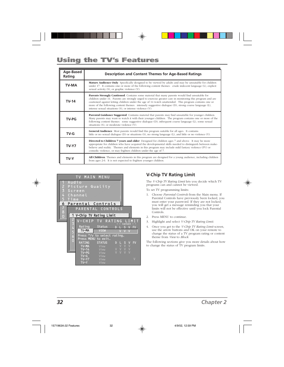 Using the tv’s features, 32 chapter 2, V-chip tv rating limit | RCA F19436 User Manual | Page 34 / 64