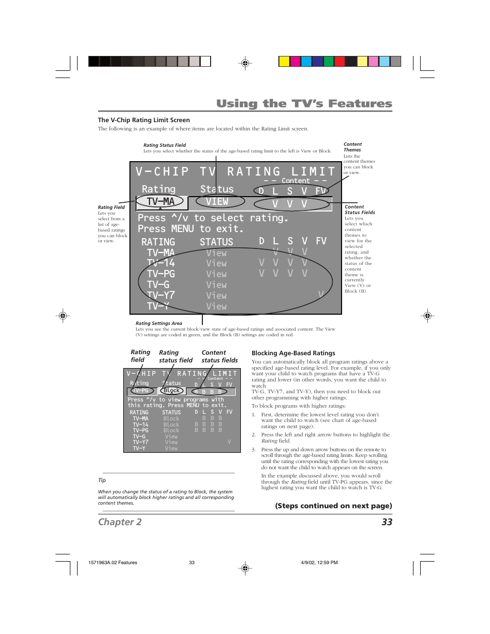 V-chip tv rating limit, Using the tv’s features, Rating status tv-ma view | Tv-14, Tv-pg, Tv-g, Tv-y7, Tv-y, View, Chapter 2 33 | RCA F19436 User Manual | Page 35 / 64