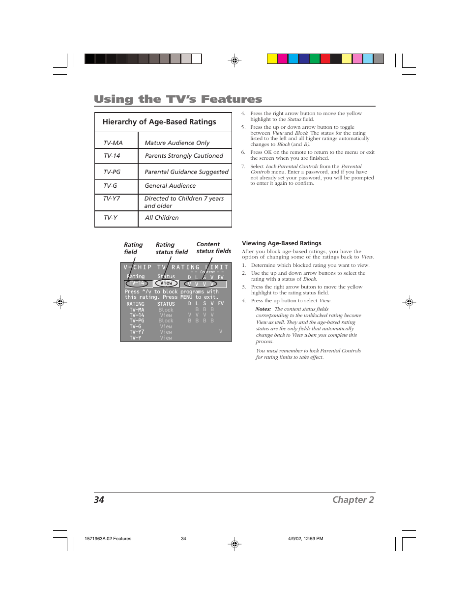 Using the tv’s features, 34 chapter 2, Hierarchy of age-based ratings | RCA F19436 User Manual | Page 36 / 64