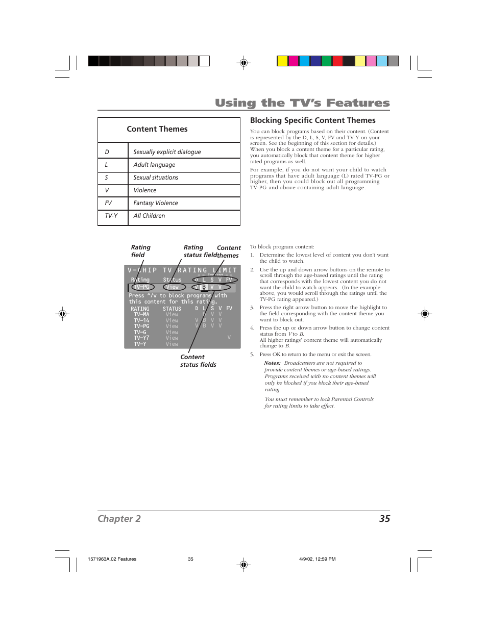 Using the tv’s features, Chapter 2 35, Blocking specific content themes | Content themes | RCA F19436 User Manual | Page 37 / 64