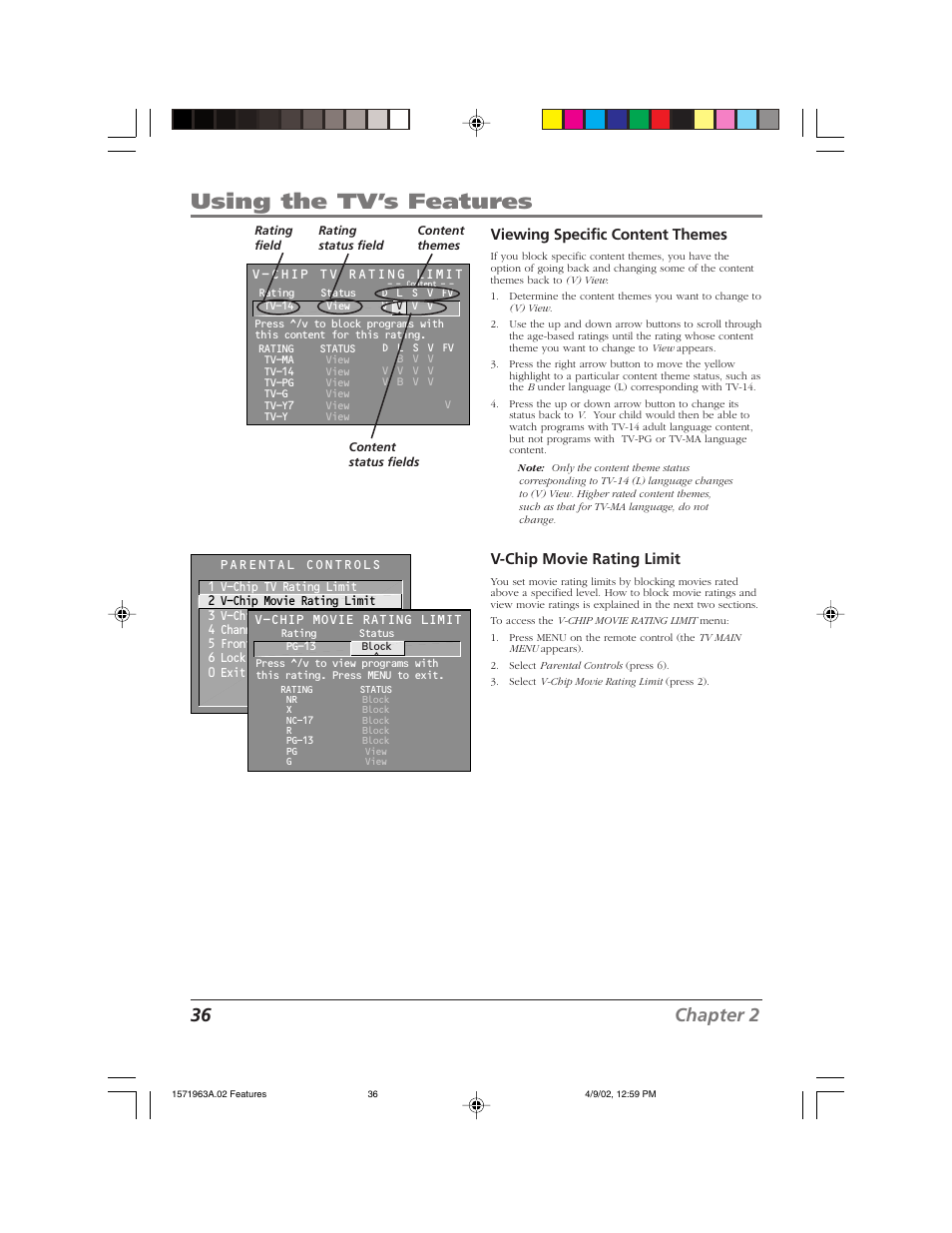 Using the tv’s features, 36 chapter 2, Viewing specific content themes | V-chip movie rating limit | RCA F19436 User Manual | Page 38 / 64