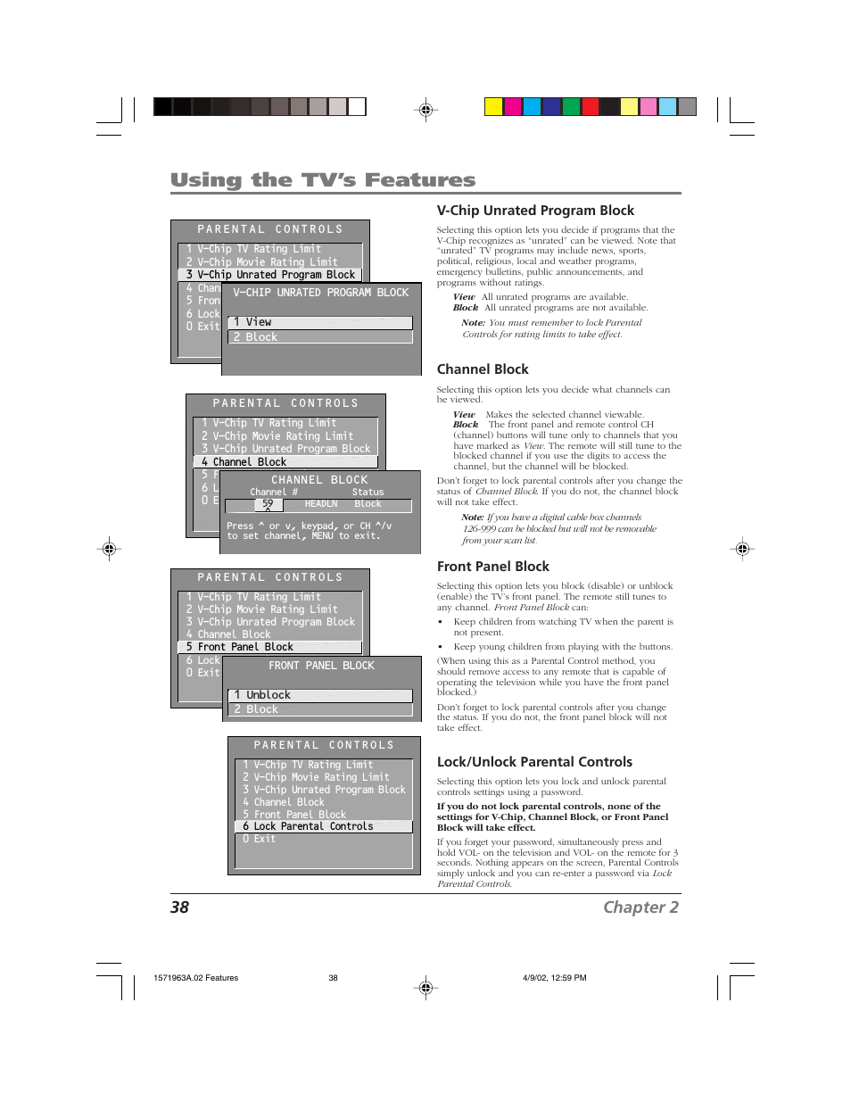 Using the tv’s features, 38 chapter 2 | RCA F19436 User Manual | Page 40 / 64