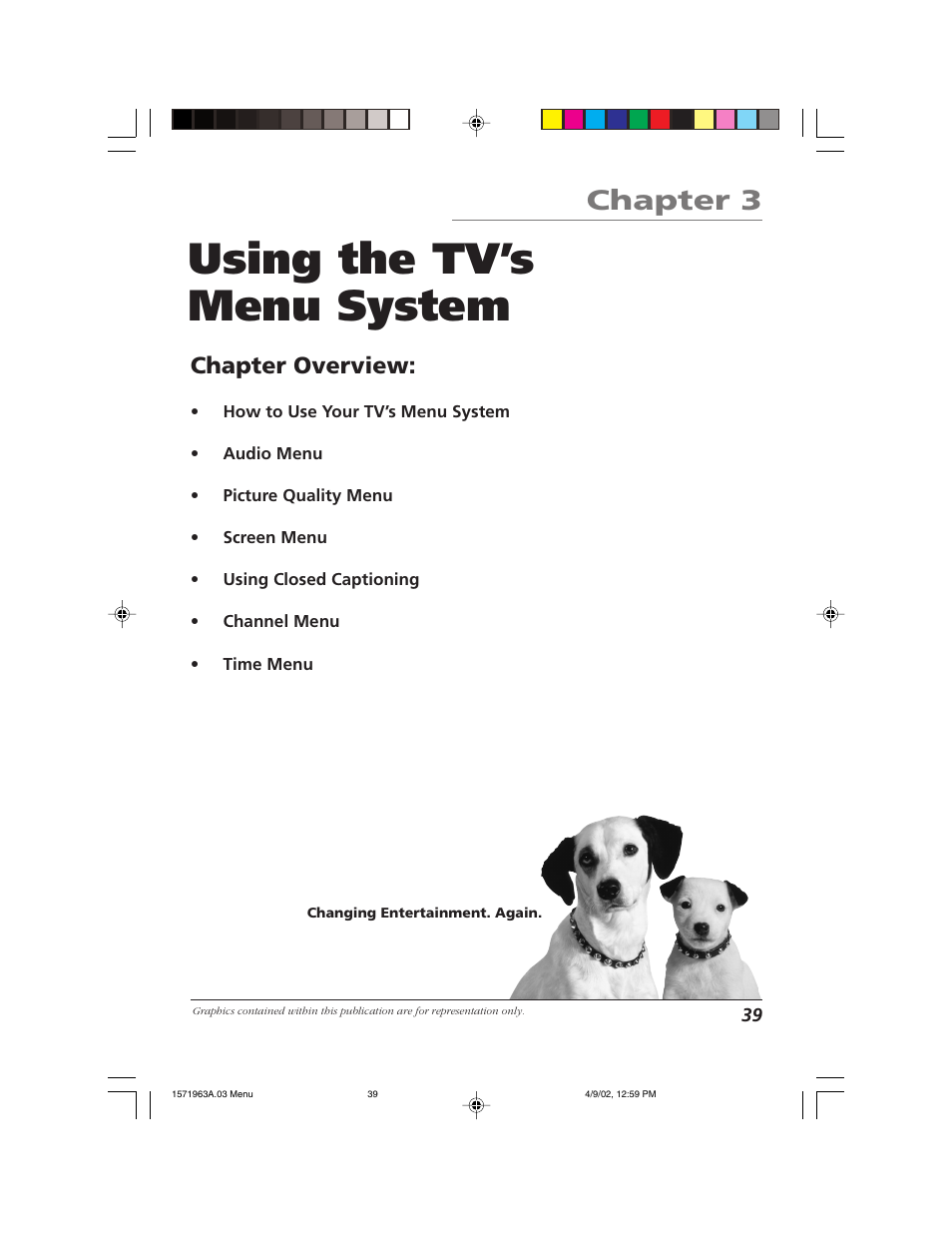 Using the tv’s menu system, Chapter 3, Chapter overview | RCA F19436 User Manual | Page 41 / 64