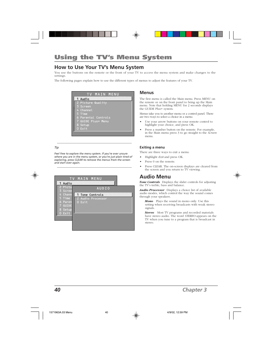 Using the tv’s menu system, 40 chapter 3, How to use your tv’s menu system | Audio menu, Menus | RCA F19436 User Manual | Page 42 / 64