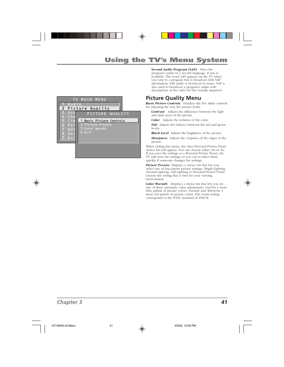 Using the tv’s menu system, Chapter 3 41, Picture quality menu | RCA F19436 User Manual | Page 43 / 64