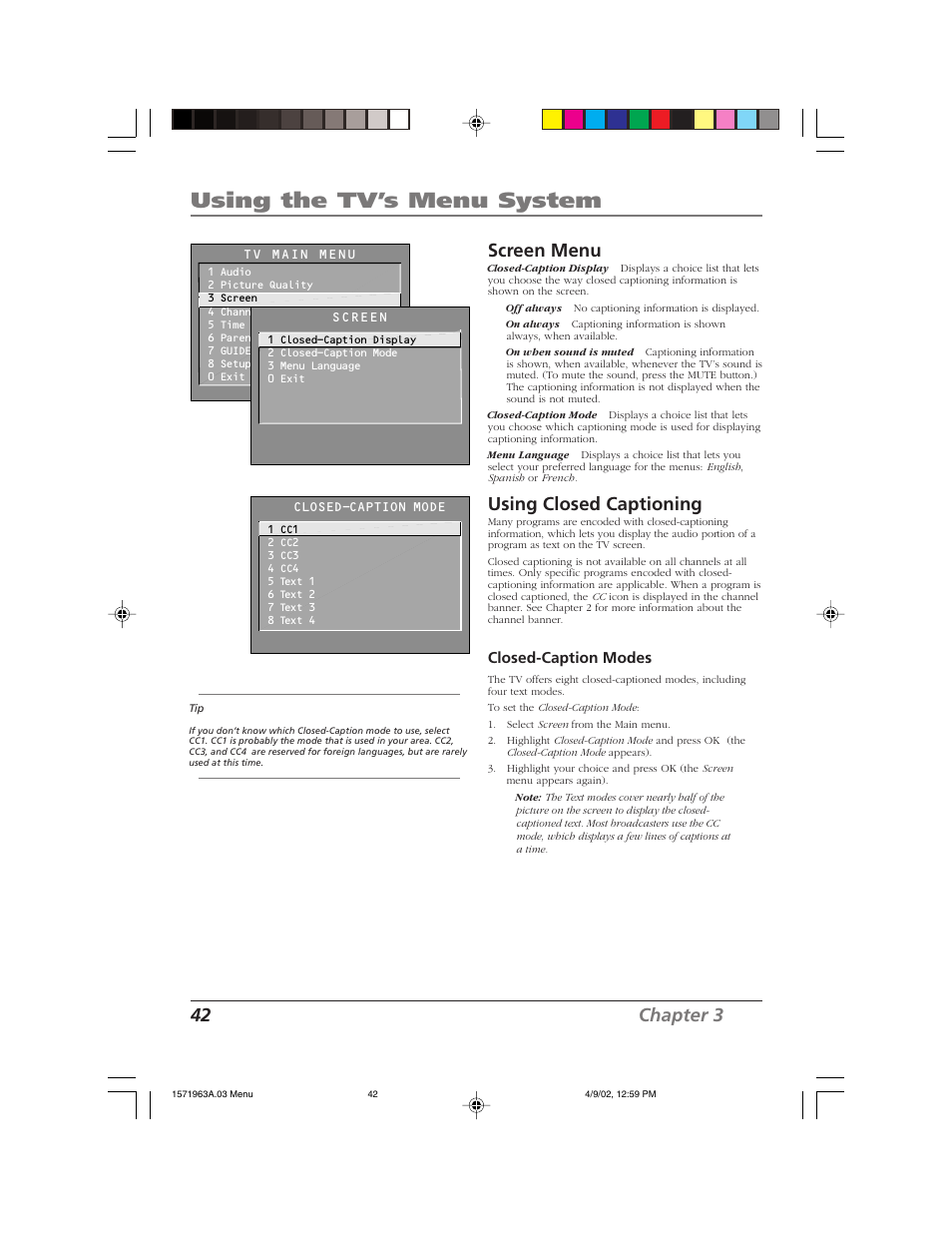 Using the tv’s menu system, 42 chapter 3, Screen menu | Using closed captioning, Closed-caption modes | RCA F19436 User Manual | Page 44 / 64