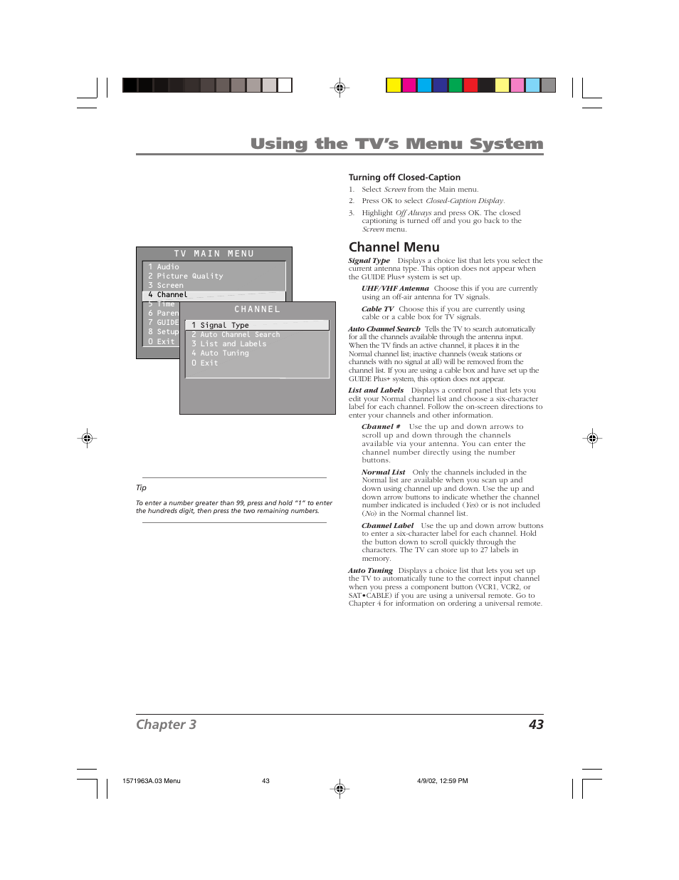 Using the tv’s menu system, Chapter 3 43, Channel menu | RCA F19436 User Manual | Page 45 / 64