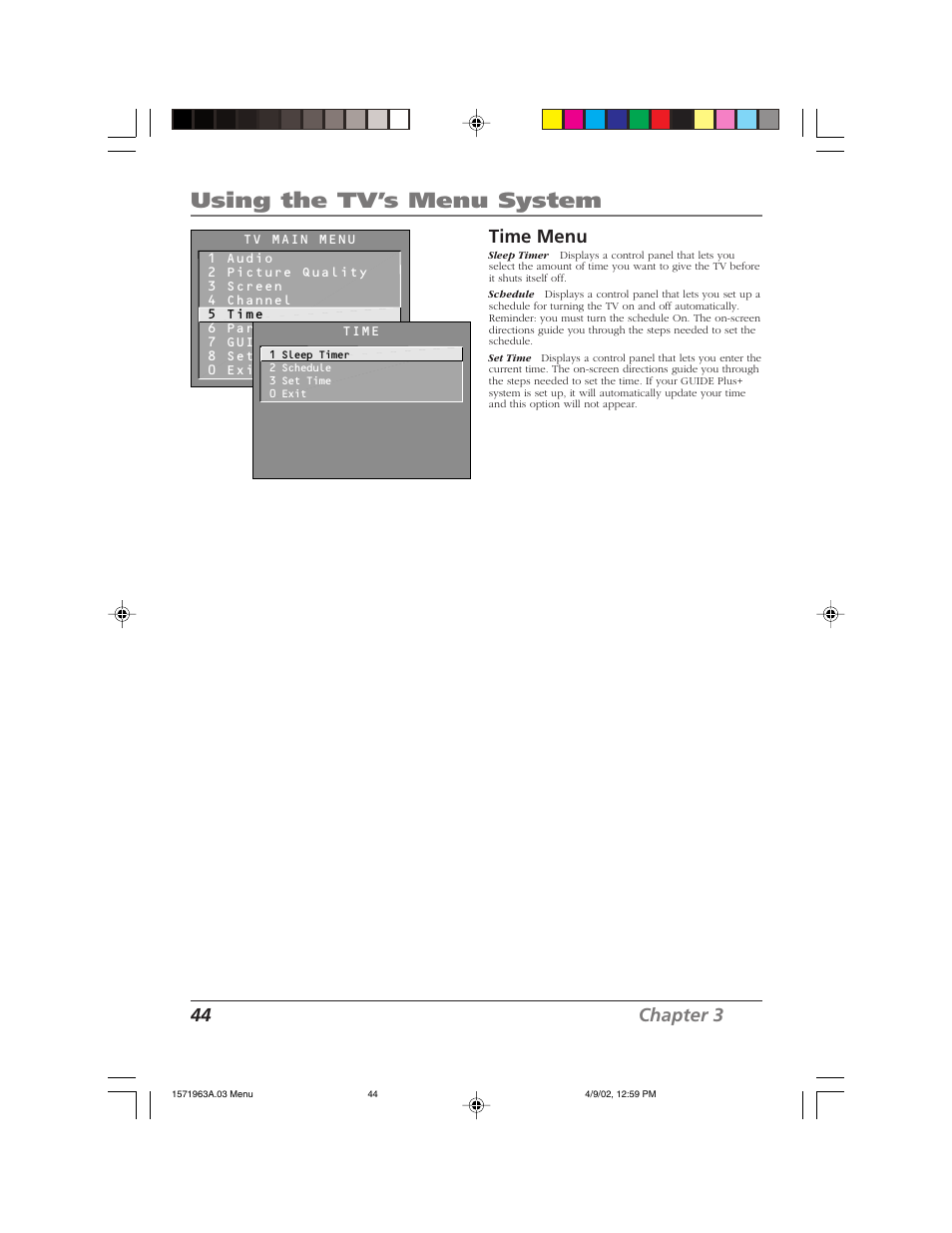 Using the tv’s menu system, 44 chapter 3, Time menu | RCA F19436 User Manual | Page 46 / 64