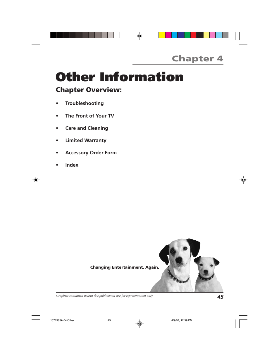 Other information, Chapter 4, Chapter overview | RCA F19436 User Manual | Page 47 / 64