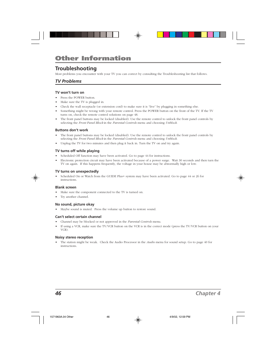 Other information, 46 chapter 4 troubleshooting, Tv problems | RCA F19436 User Manual | Page 48 / 64