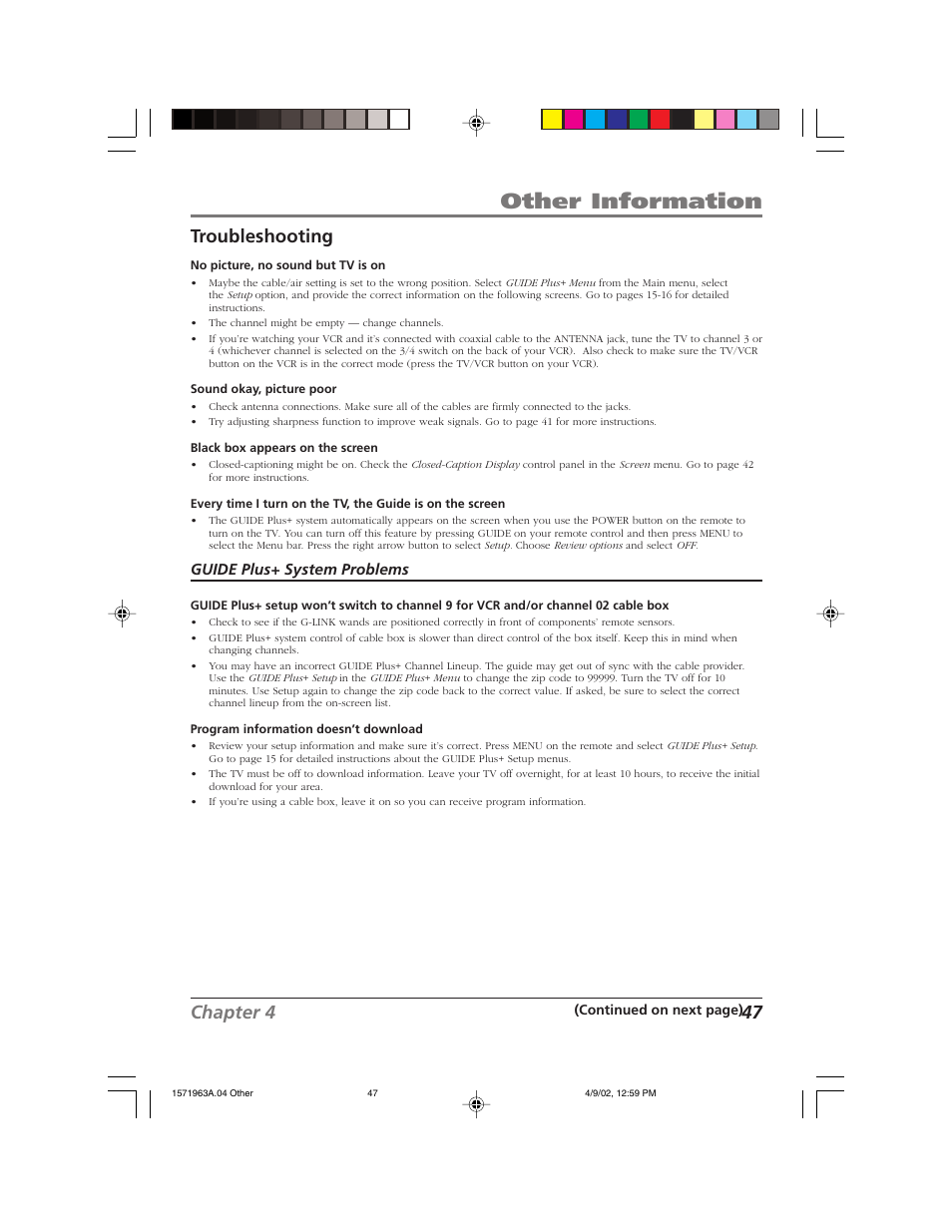 Other information, Chapter 4 47 troubleshooting, Guide plus+ system problems | RCA F19436 User Manual | Page 49 / 64