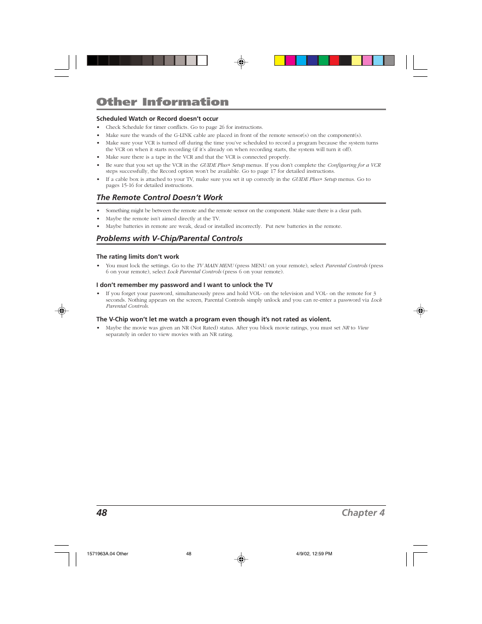 Other information, 48 chapter 4, The remote control doesn’t work | Problems with v-chip/parental controls | RCA F19436 User Manual | Page 50 / 64