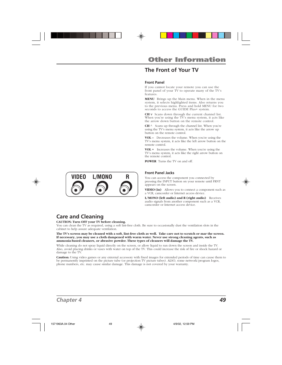 Other information, L/mono r video, Chapter 4 49 the front of your tv | Care and cleaning | RCA F19436 User Manual | Page 51 / 64