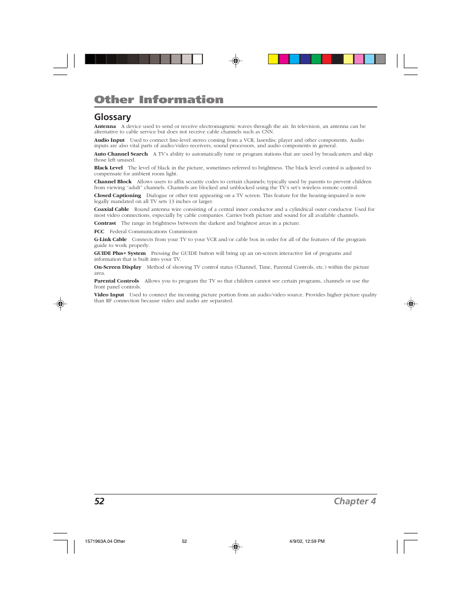 Other information, 52 chapter 4 glossary | RCA F19436 User Manual | Page 54 / 64