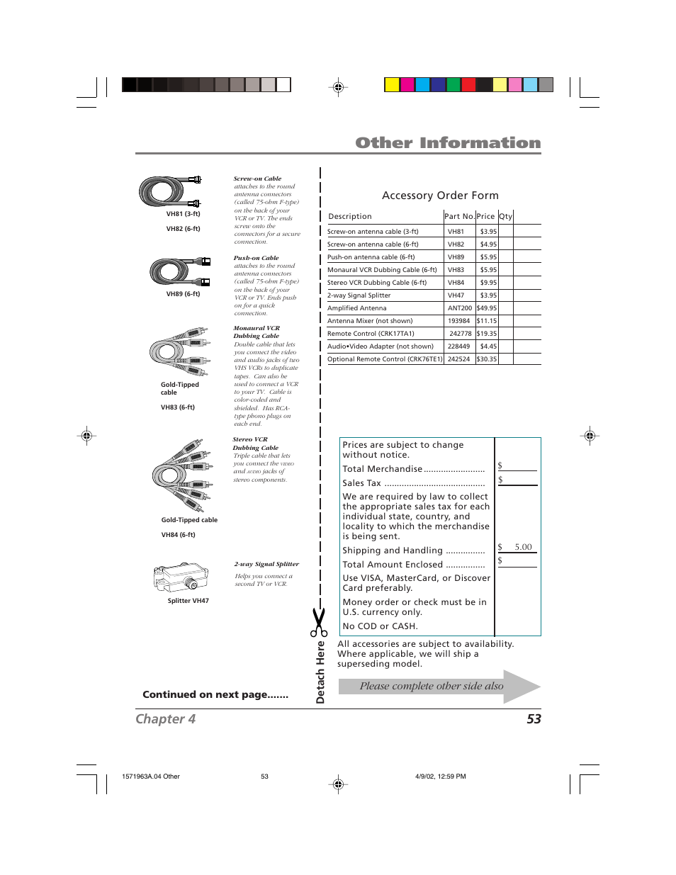 Other information, Chapter 4 53, Detach her e | Please complete other side also, Accessory order form | RCA F19436 User Manual | Page 55 / 64