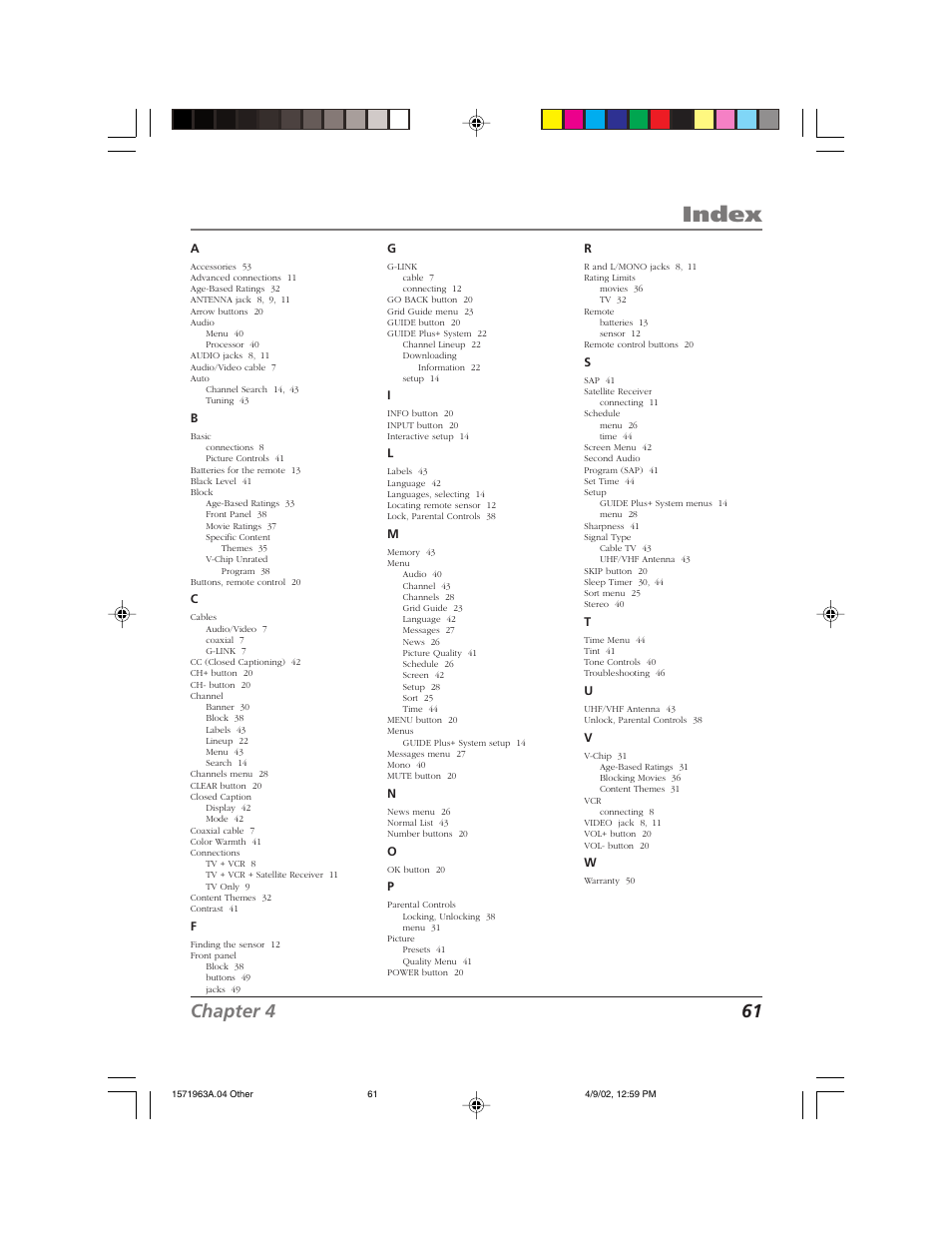 Index, Chapter 4 61 | RCA F19436 User Manual | Page 63 / 64