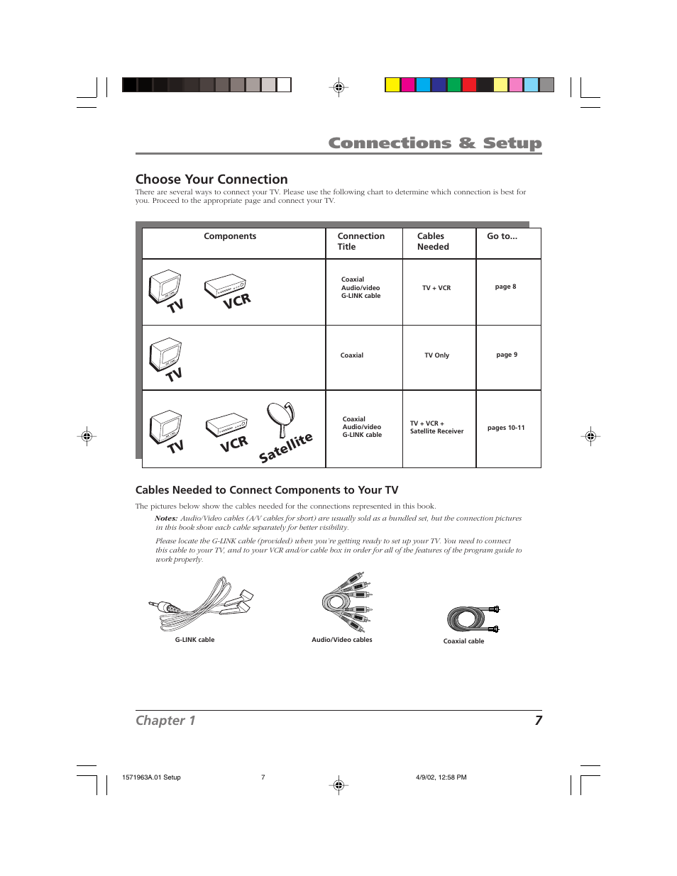 Connections & setup, Chapter 1 7, Choose your connection | Tv vcr tv, Tv vcr satellite | RCA F19436 User Manual | Page 9 / 64