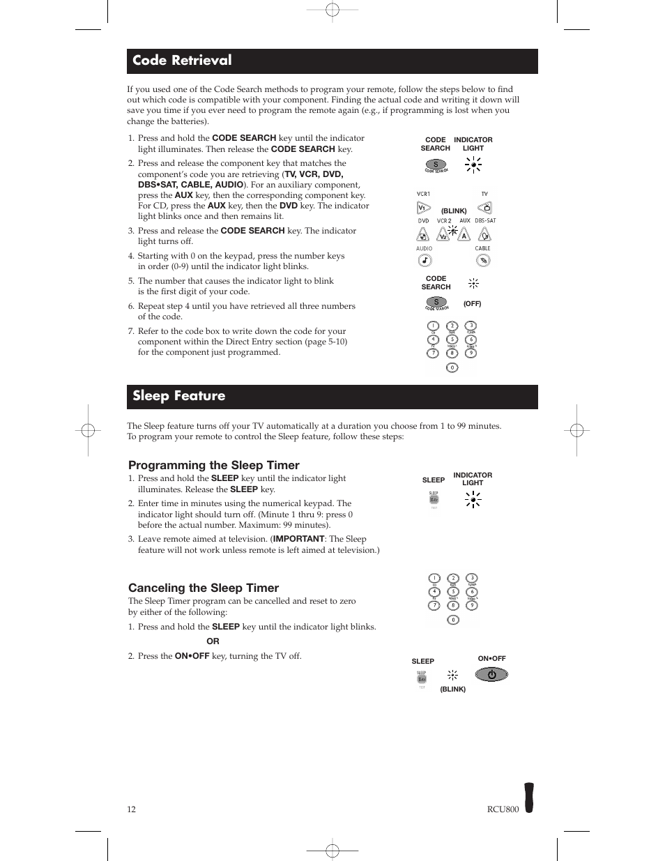 Code retrieval, Sleep feature, Programming the sleep timer | Canceling the sleep timer | RCA RCU800 User Manual | Page 12 / 32