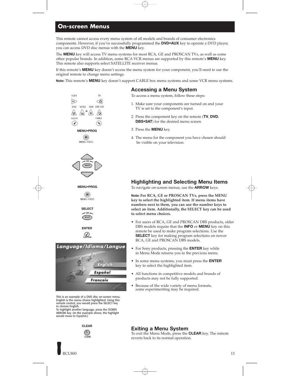 On-screen menus, Accessing a menu system, Highlighting and selecting menu items | Exiting a menu system | RCA RCU800 User Manual | Page 13 / 32