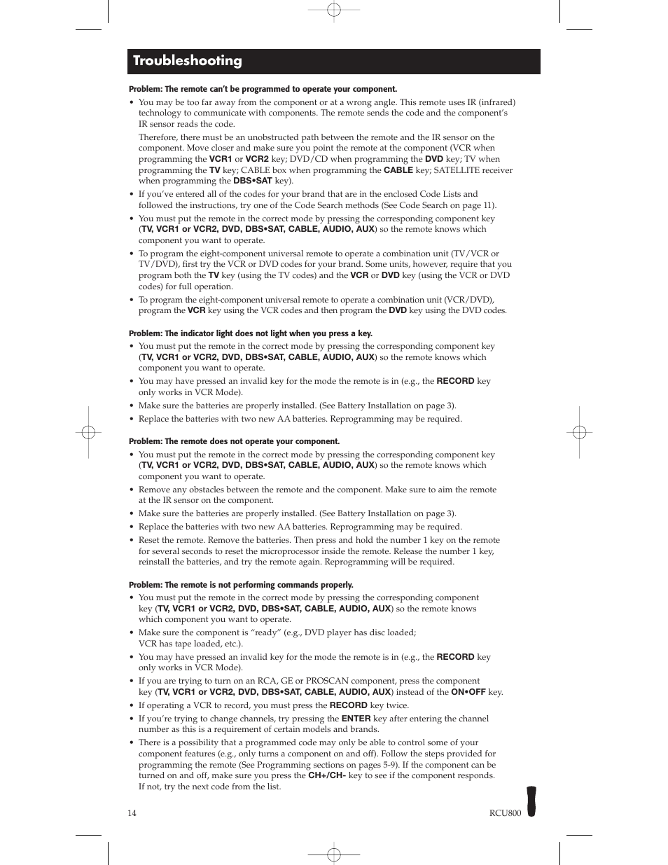 Troubleshooting | RCA RCU800 User Manual | Page 14 / 32