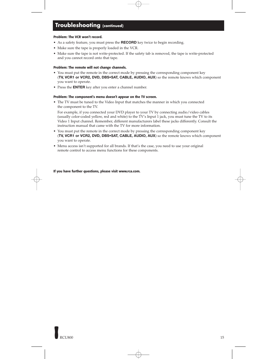 Troubleshooting | RCA RCU800 User Manual | Page 15 / 32