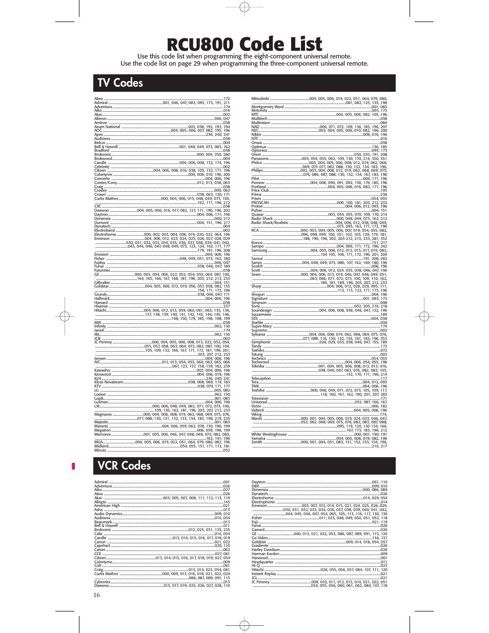 800 code list, Vcr codes, Tv codes | RCA RCU800 User Manual | Page 16 / 32