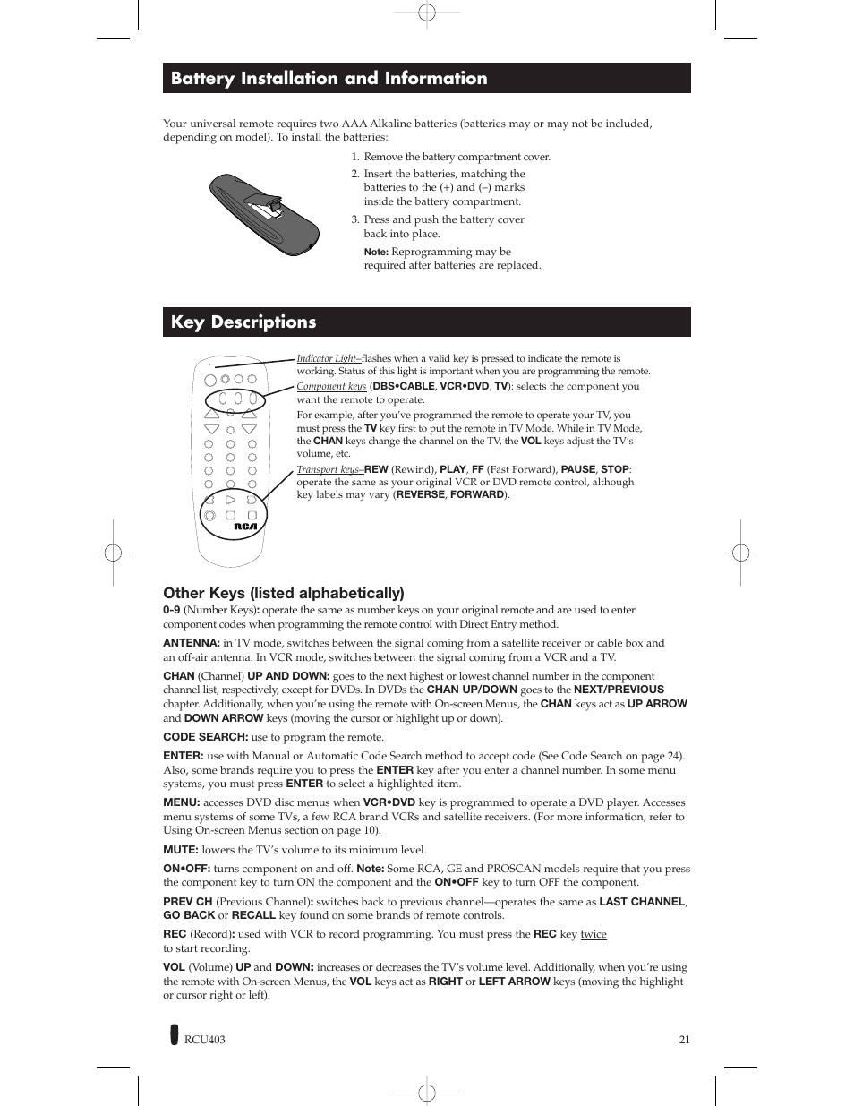 Battery installation and information, Key descriptions, Other keys (listed alphabetically) | RCA RCU800 User Manual | Page 21 / 32