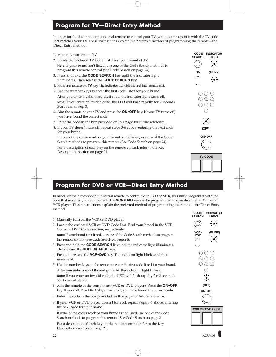 Program for tv—direct entry method, Program for dvd or vcr—direct entry method | RCA RCU800 User Manual | Page 22 / 32