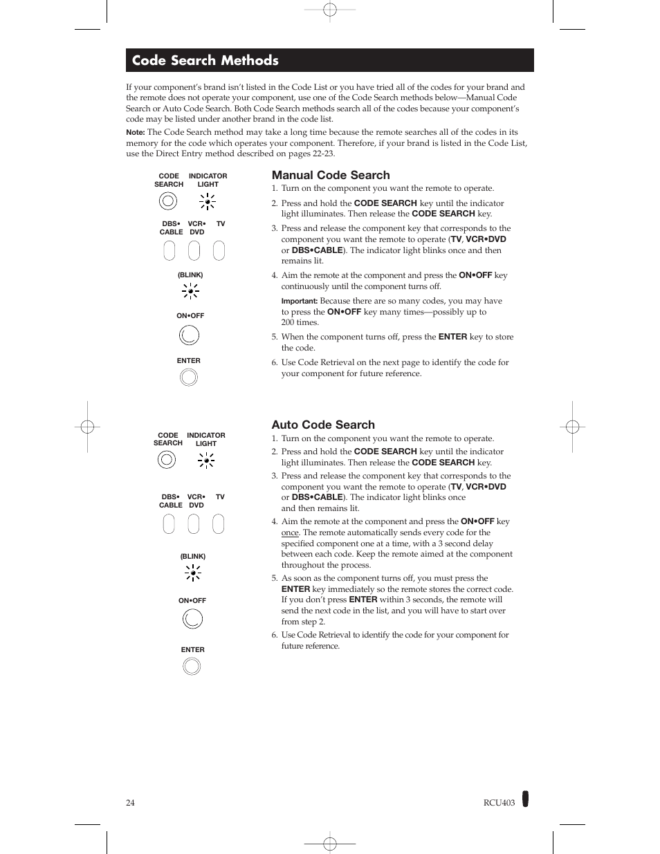 Code search methods, Manual code search, Auto code search | RCA RCU800 User Manual | Page 24 / 32