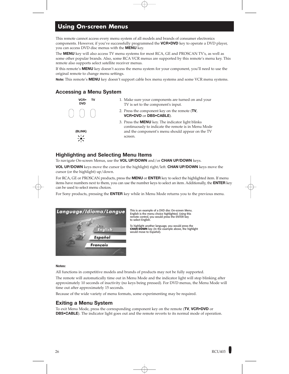 Using on-screen menus, Highlighting and selecting menu items, Exiting a menu system | Accessing a menu system | RCA RCU800 User Manual | Page 26 / 32