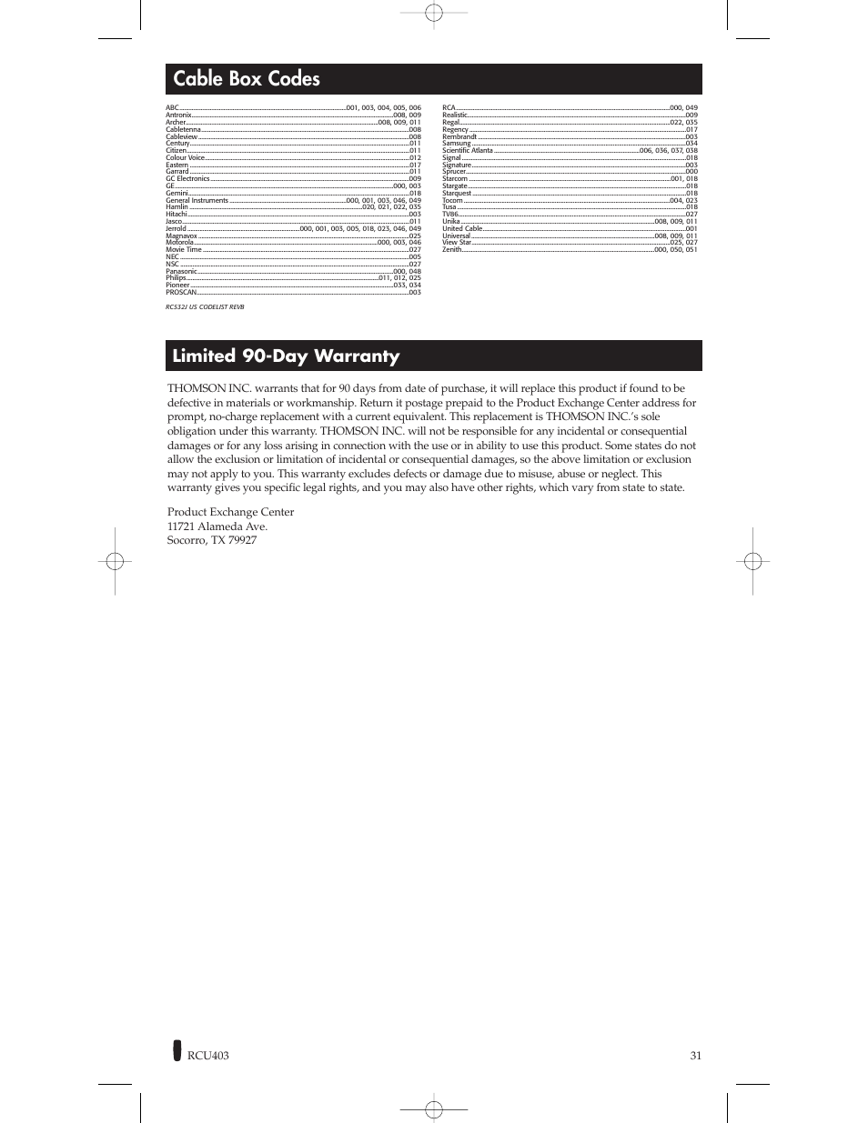 Cable box codes, Limited 90-day warranty | RCA RCU800 User Manual | Page 31 / 32