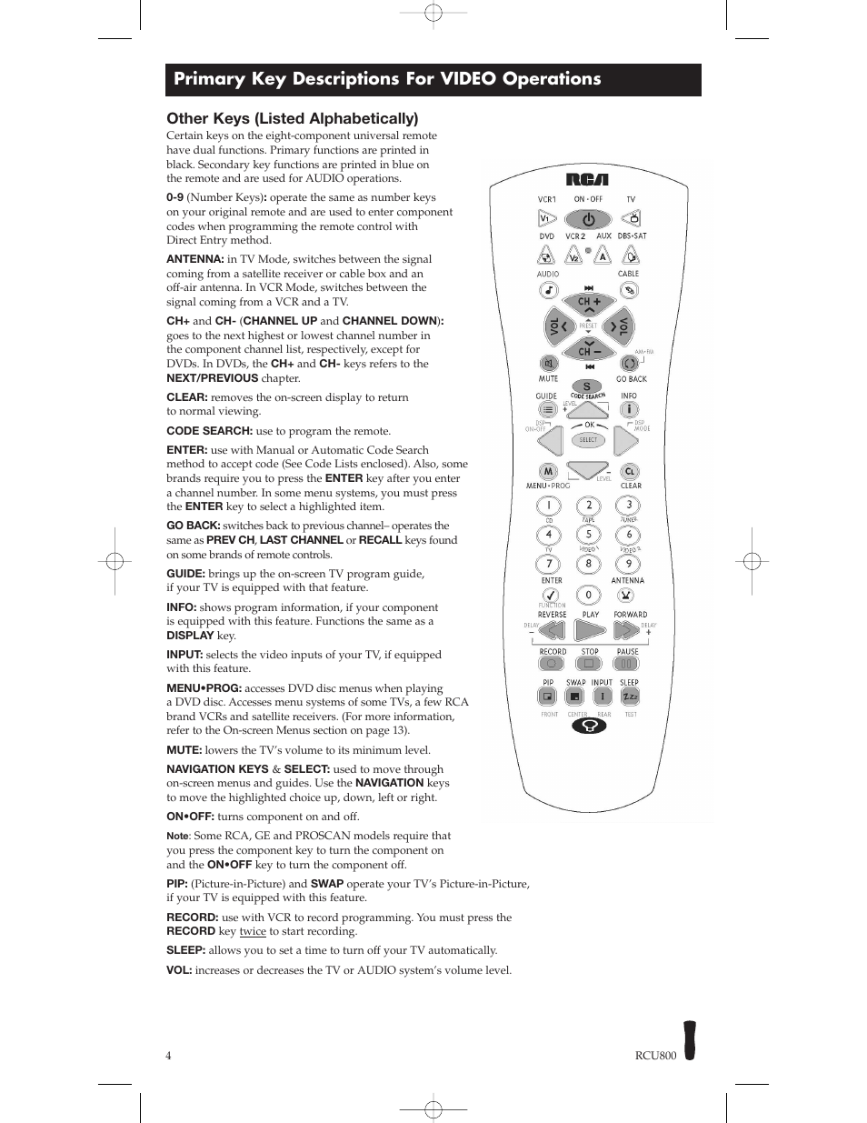 Primary key descriptions for video operations, Other keys (listed alphabetically) | RCA RCU800 User Manual | Page 4 / 32