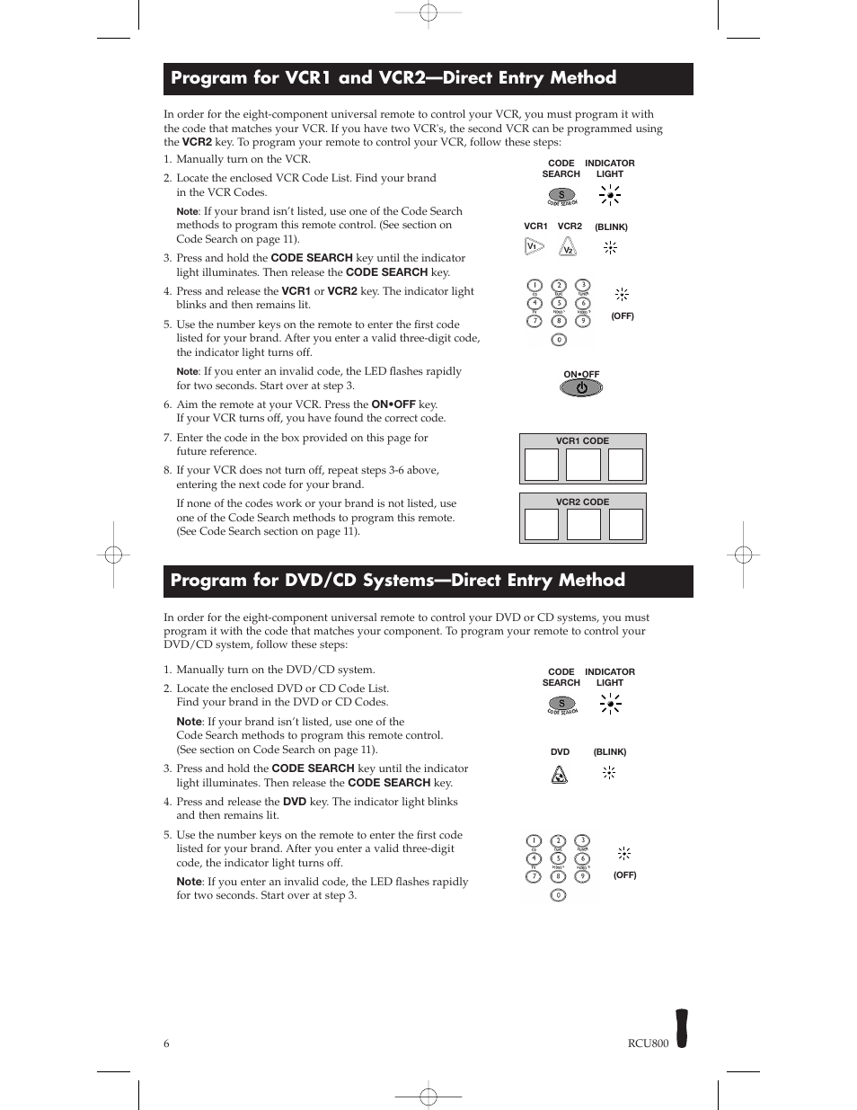 Program for vcr1 and vcr2—direct entry method, Program for dvd/cd systems—direct entry method | RCA RCU800 User Manual | Page 6 / 32