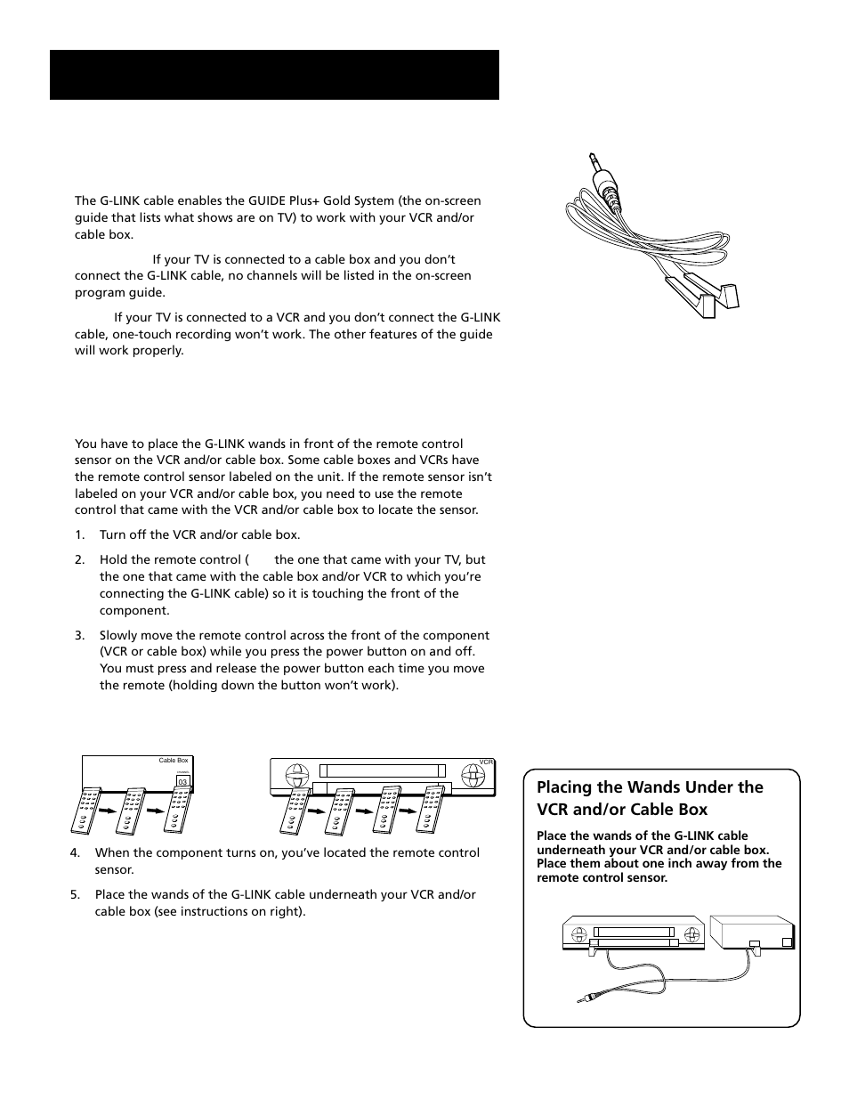Setup and connections, 9step 3: connect the g-link cable, How to find the remote control sensor | Placing the wands under the vcr and/or cable box | RCA Home Theatre P56926 User Manual | Page 11 / 64
