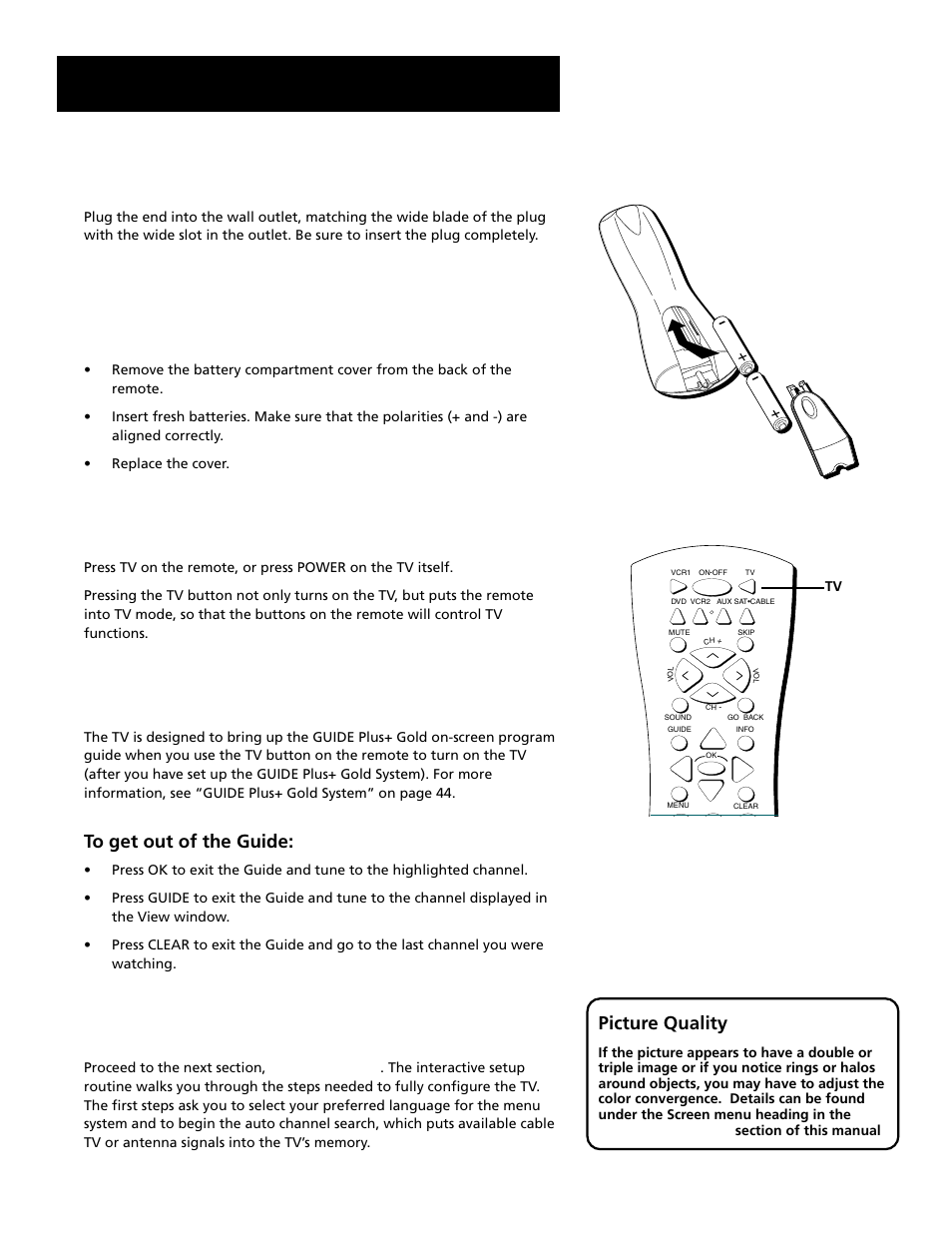 Setup and connections, Step 4: plug in the tv, Step 5: place batteries in the remote | Step 6: turn on the tv, Step 7: program the tv, Picture quality, On-screen program guide | RCA Home Theatre P56926 User Manual | Page 12 / 64