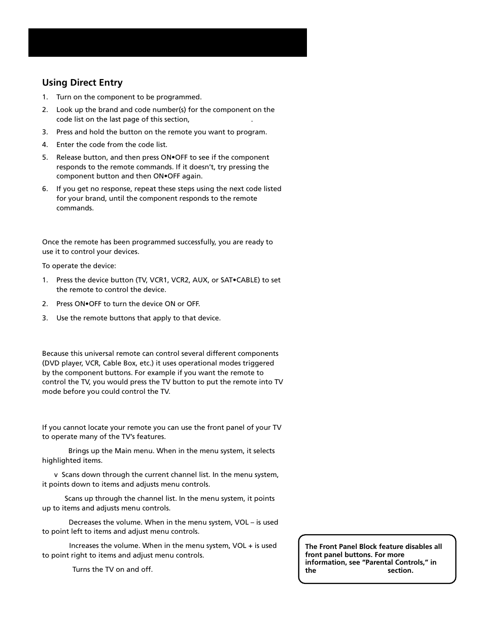 Using direct entry, Using the remote to control a device, Modes of operation | Front panel, Using the remote | RCA Home Theatre P56926 User Manual | Page 27 / 64