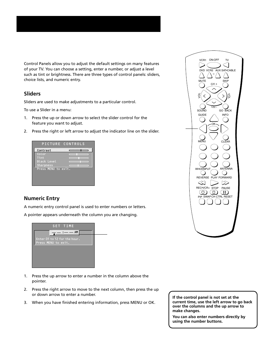 Features and menus, Control panels, Sliders | Numeric entry | RCA Home Theatre P56926 User Manual | Page 31 / 64