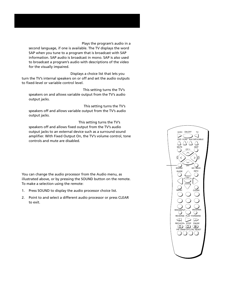 Using the remote to select an audio processor, Features and menus | RCA Home Theatre P56926 User Manual | Page 33 / 64