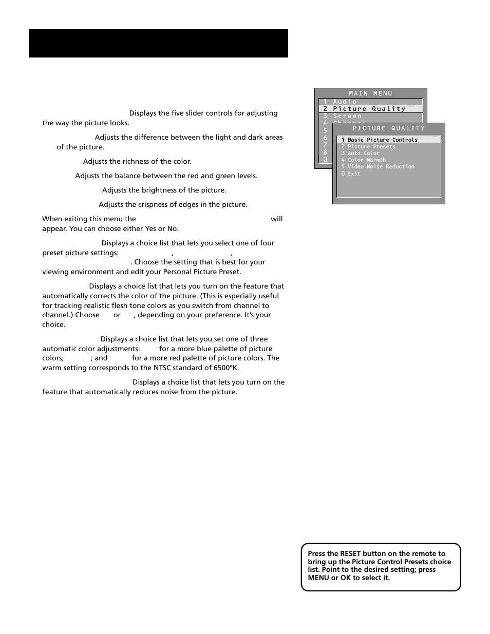 Picture quality menu, Features and menus, 32 picture quality menu | RCA Home Theatre P56926 User Manual | Page 34 / 64