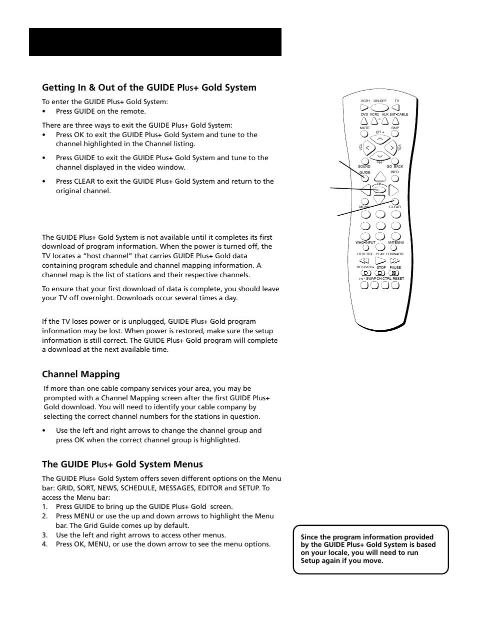 Downloading data, Features and menus, Getting in & out of the guide pi | Gold system, Channel mapping, The guide pi, Gold system menus | RCA Home Theatre P56926 User Manual | Page 47 / 64