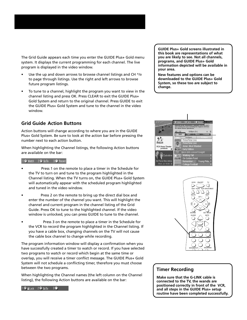 Grid guide, Features and menus, Grid guide action buttons | Timer recording | RCA Home Theatre P56926 User Manual | Page 48 / 64