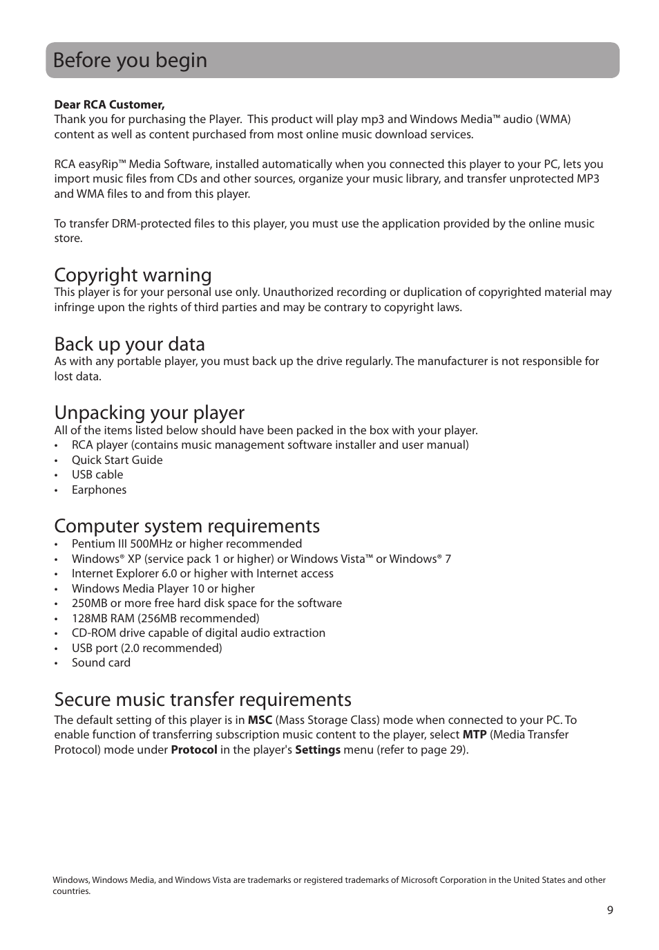 Before you begin, Copyright warning, Back up your data | Unpacking your player, Computer system requirements, Secure music transfer requirements | RCA M45 User Manual | Page 10 / 36