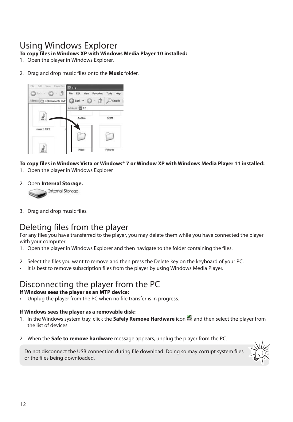 Using windows explorer, Deleting files from the player, Disconnecting the player from the pc | RCA M45 User Manual | Page 13 / 36