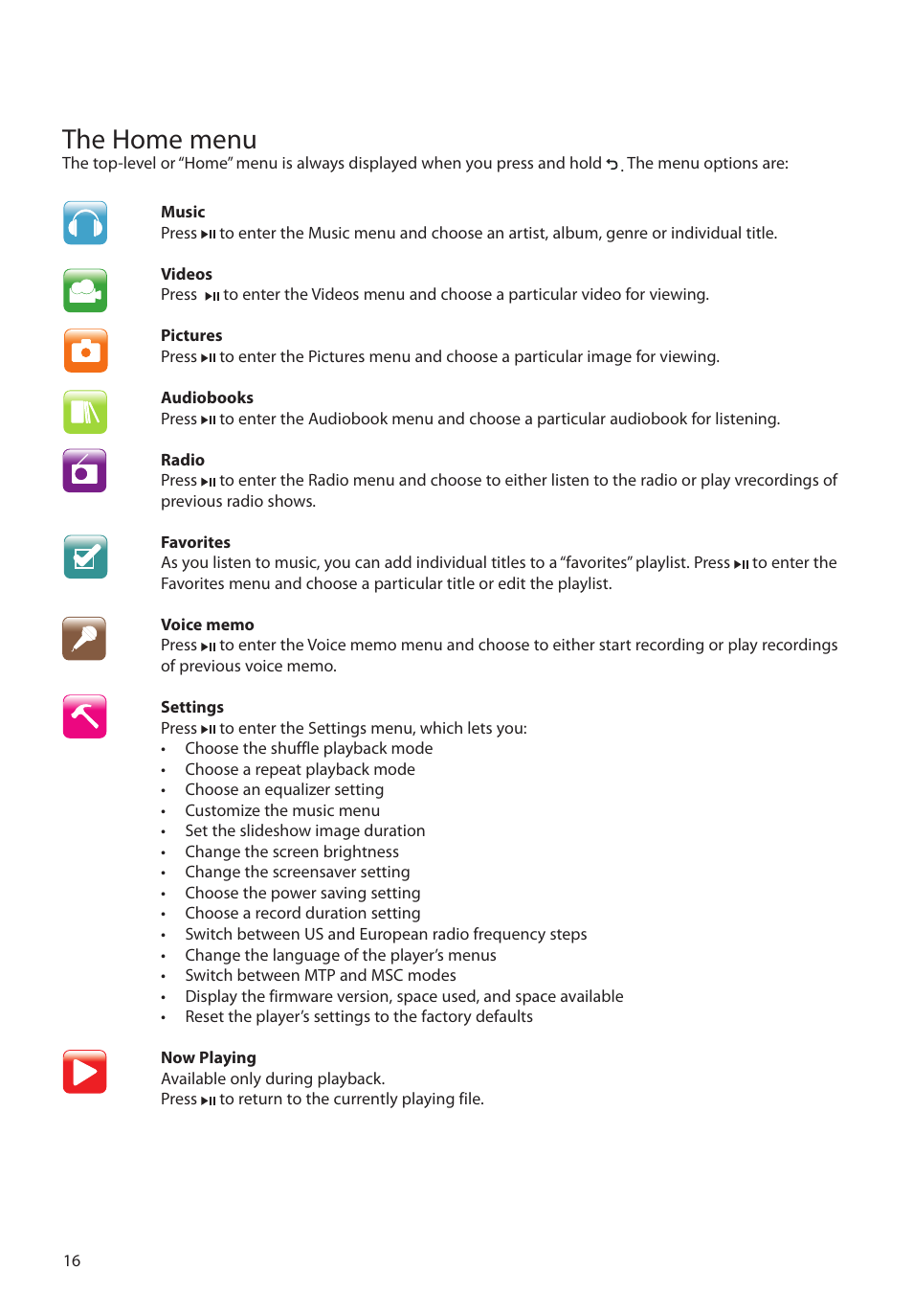 The home menu | RCA M45 User Manual | Page 17 / 36