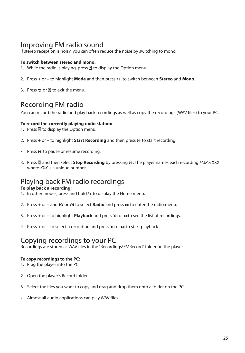 Improving fm radio sound, Recording fm radio, Playing back fm radio recordings | Copying recordings to your pc | RCA M45 User Manual | Page 26 / 36