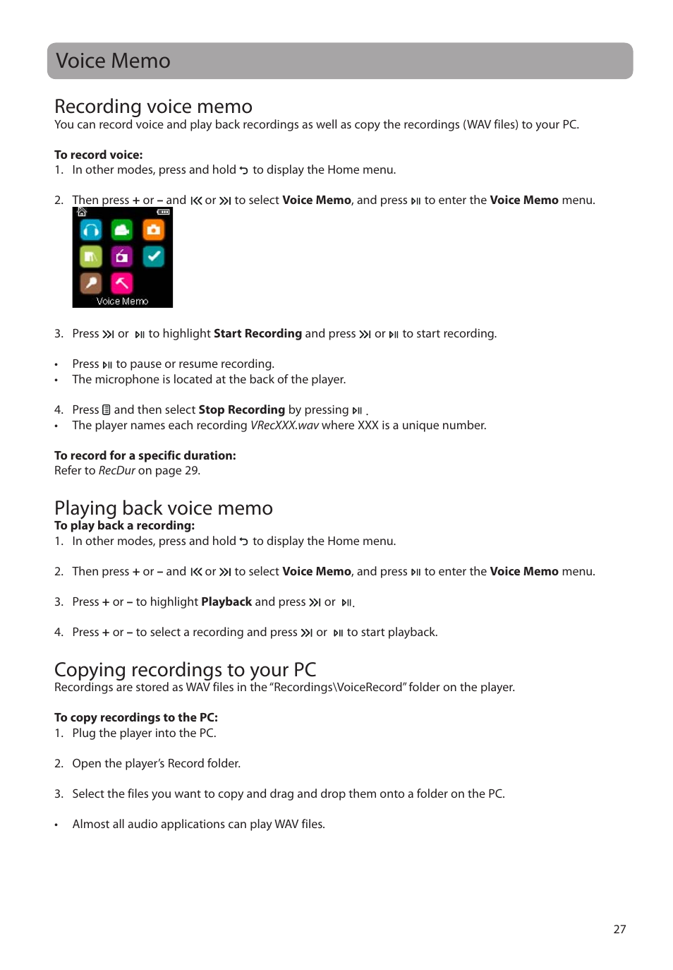 Voice memo, Recording voice memo, Playing back voice memo | Copying recordings to your pc | RCA M45 User Manual | Page 28 / 36
