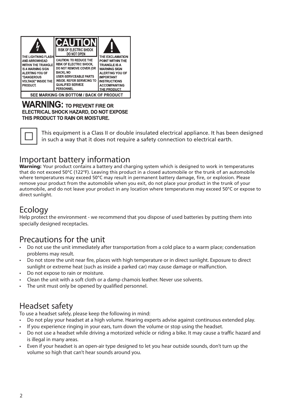 Important battery information, Ecology, Precautions for the unit | Headset safety | RCA M45 User Manual | Page 3 / 36