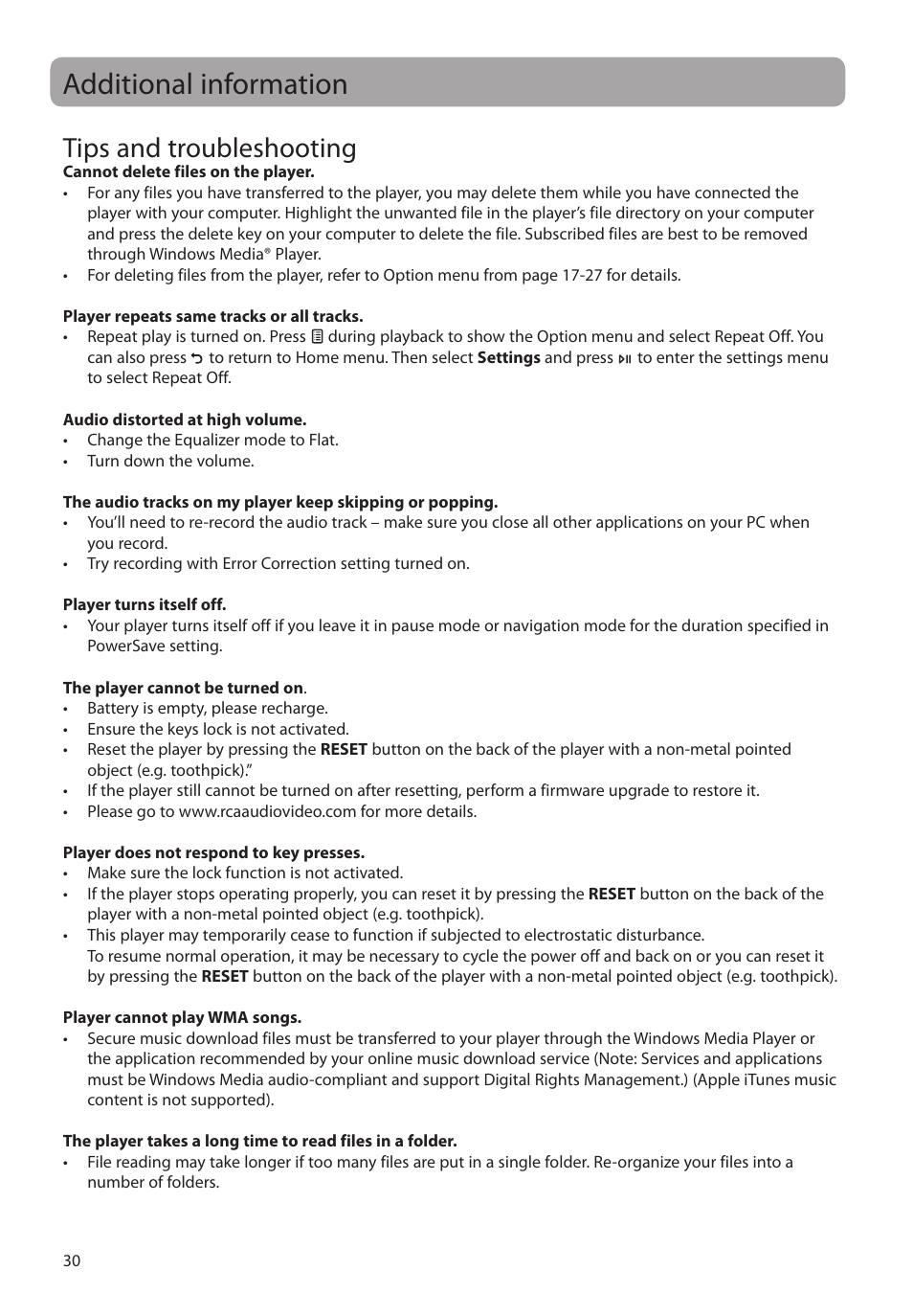 Additional information, Tips and troubleshooting | RCA M45 User Manual | Page 31 / 36
