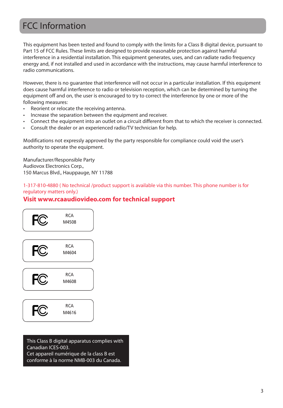 Fcc information | RCA M45 User Manual | Page 4 / 36