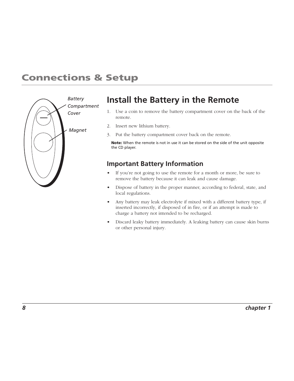 Connections & setup, Install the battery in the remote, Important battery information | RCA TV/Radio/CD Player User Manual | Page 10 / 24